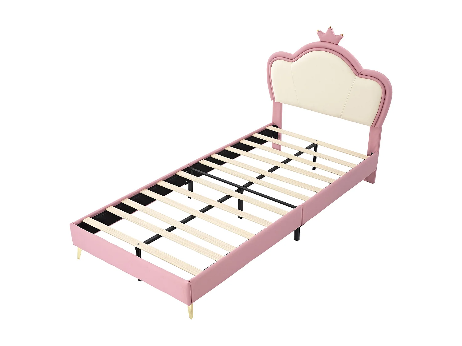 Lit d'enfant 90x200 cm, avec bords de protection souples, tête de lit avec couronne, PU, rose + blanc