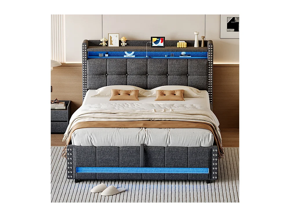 Lit rembourré 140*200 cm, avec éclairage LED et prise USB, étagères et espaces de rangement, lin gris