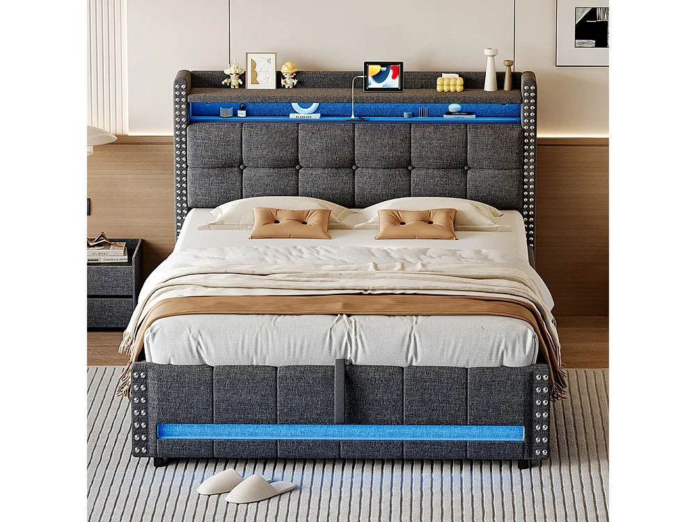 Gestoffeerd bed 140*200 cm, met LED-verlichting en USB-aansluiting, legplank en opbergruimte, grijs linnen