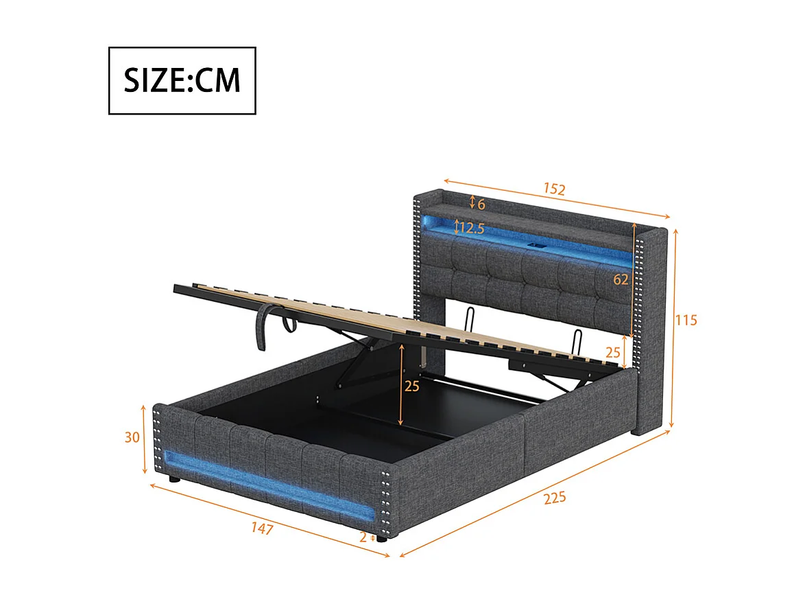Gestoffeerd bed 140*200 cm, met LED-verlichting en USB-aansluiting, legplank en opbergruimte, grijs linnen