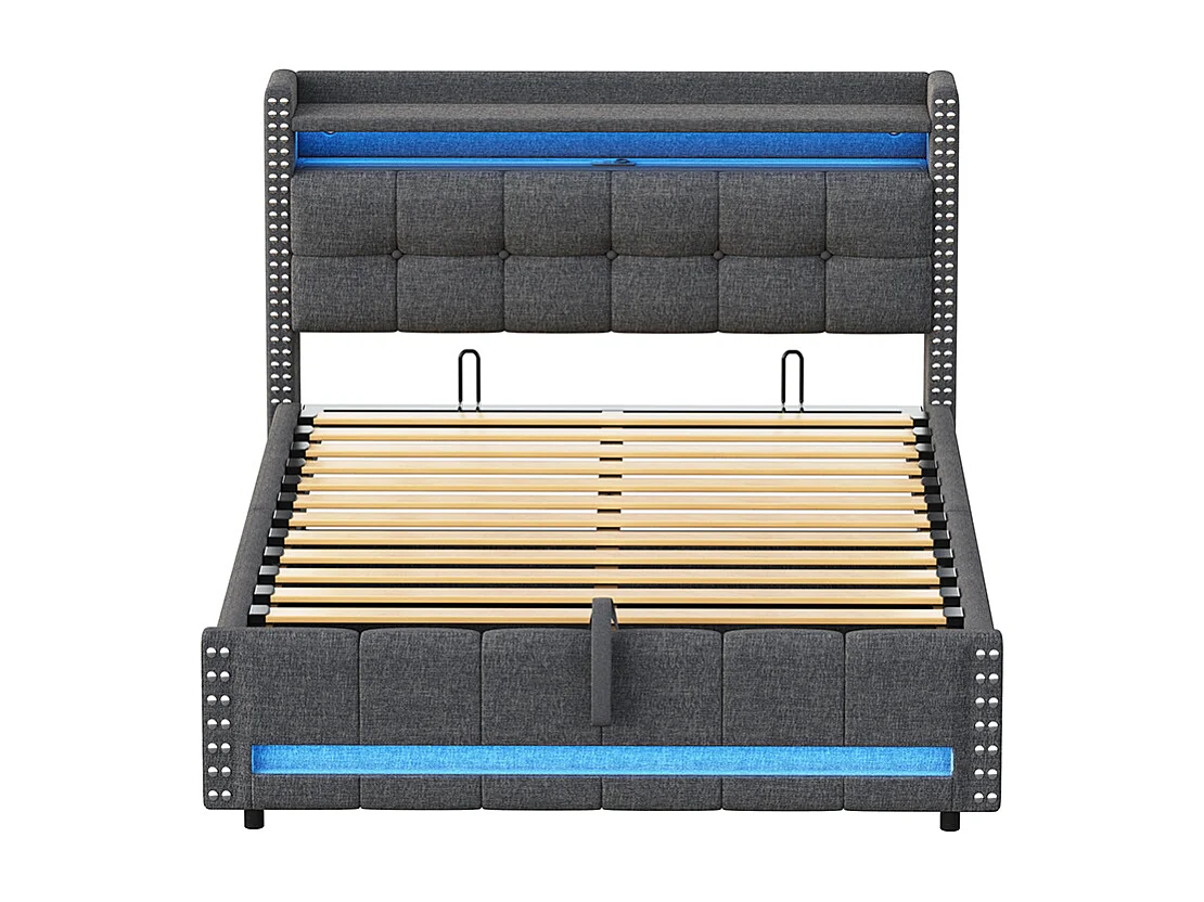 Gestoffeerd bed 140*200 cm, met LED-verlichting en USB-aansluiting, legplank en opbergruimte, grijs linnen