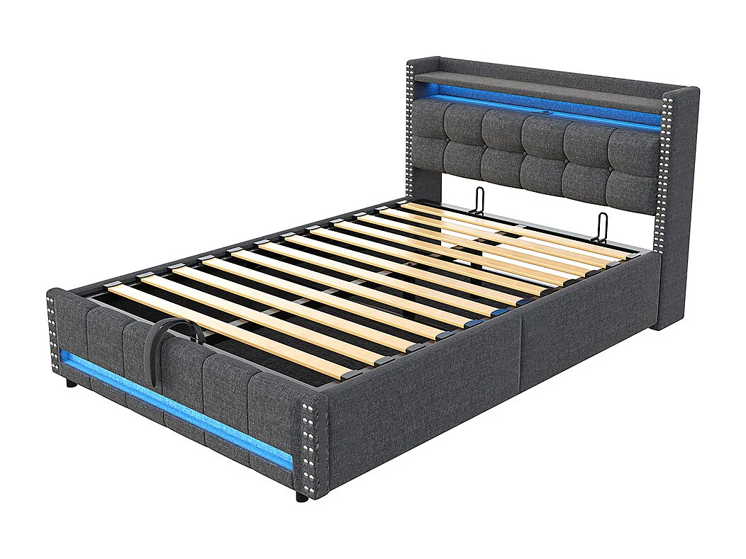 Gestoffeerd bed 140*200 cm, met LED-verlichting en USB-aansluiting, legplank en opbergruimte, grijs linnen