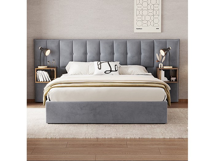 Letto Matrimoniale Imbottito 160x200 Cm Con Contenitore, Testiera Regolabile, Luci Da Lettura E Porte USB E Type-C, Struttura In Acciaio