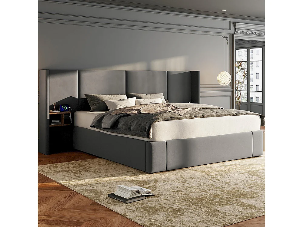 Lit rembourré 180 x 200 cm, avec port USB, prise de courant, table de nuit, velours, gris