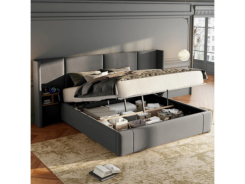 Lit rembourré 180 x 200 cm, avec port USB, prise de courant, table de nuit, velours, gris