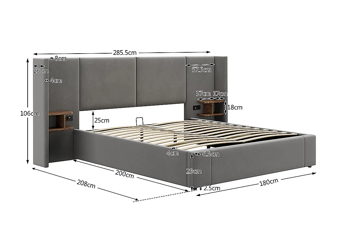 Lit rembourré 180 x 200 cm, avec port USB, prise de courant, table de nuit, velours, gris