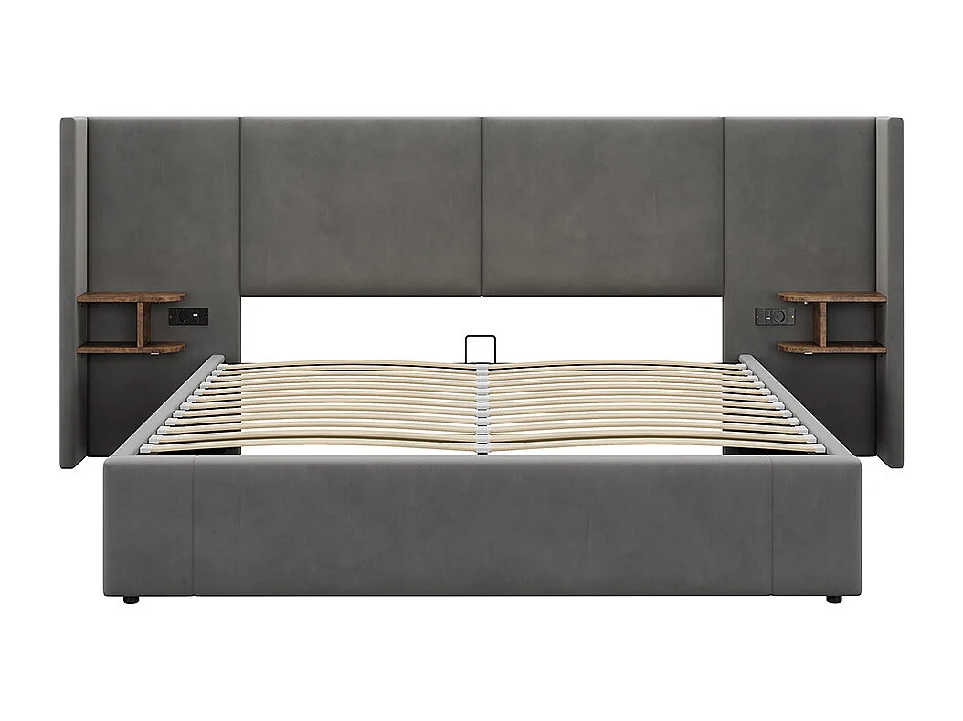 Lit rembourré 180 x 200 cm, avec port USB, prise de courant, table de nuit, velours, gris