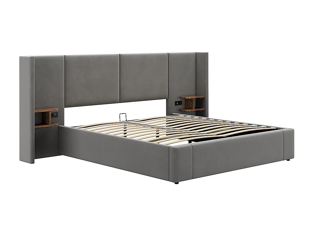 Lit rembourré 180 x 200 cm, avec port USB, prise de courant, table de nuit, velours, gris