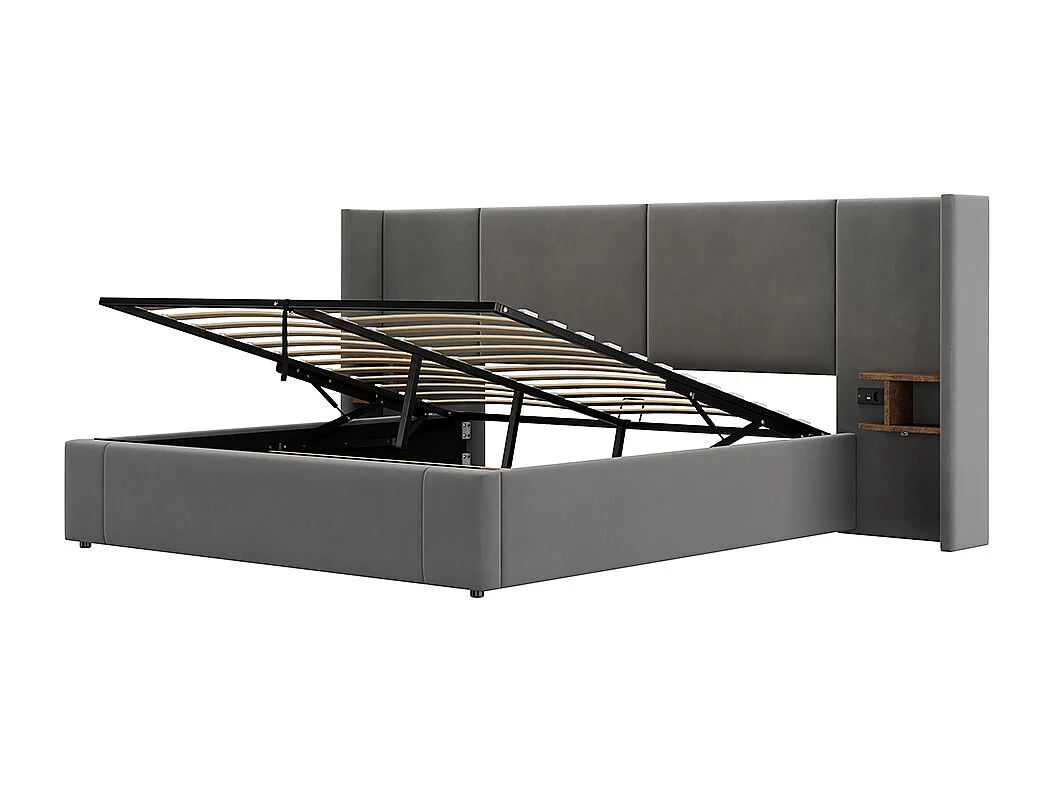 Lit rembourré 180 x 200 cm, avec port USB, prise de courant, table de nuit, velours, gris