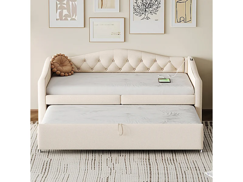 Lit rembourré, canapé-lit extensible 90*200 cm, avec port USB, forme classique avec boutons, lin, Beige