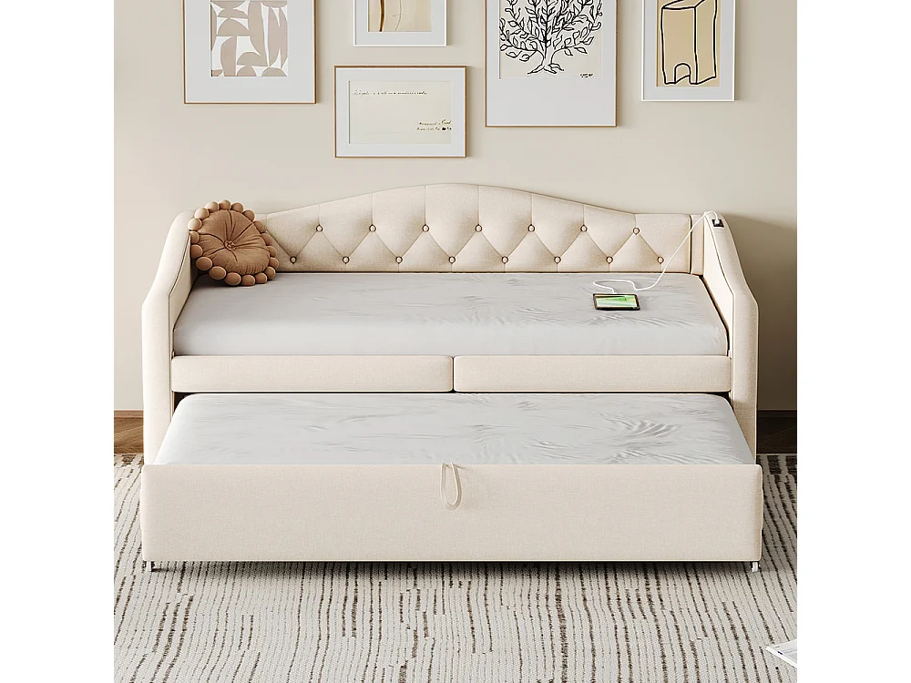 Lit rembourré, canapé-lit extensible 90*200 cm, avec port USB, forme classique avec boutons, lin, Beige