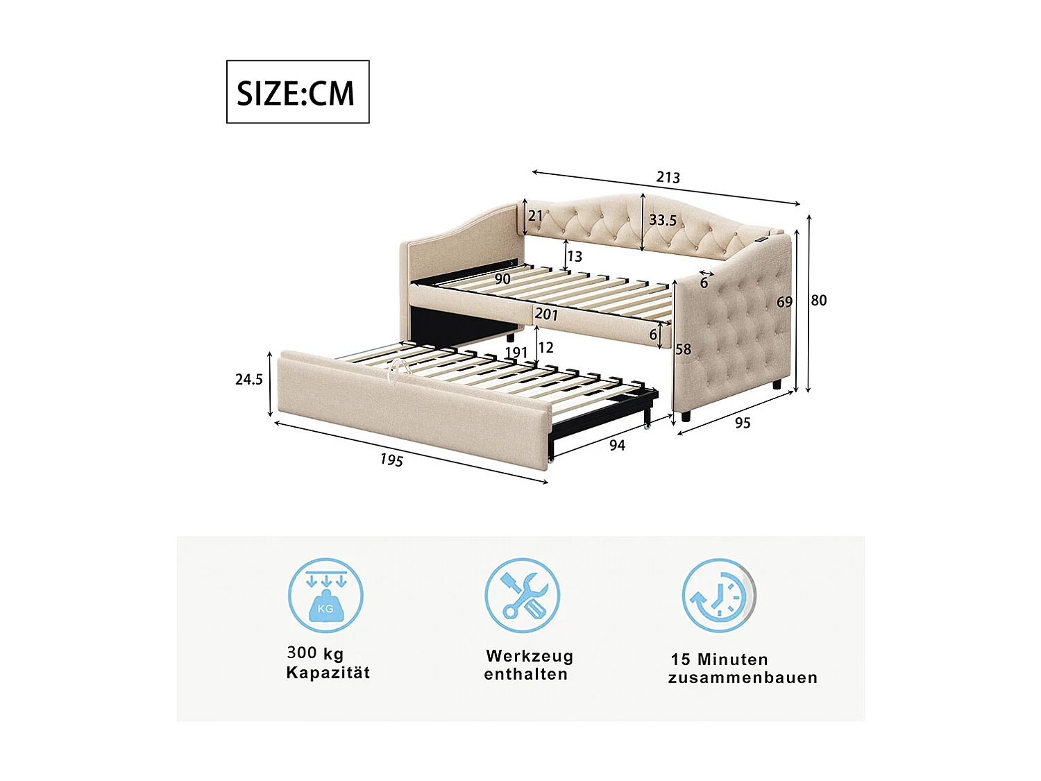 Lit rembourré, canapé-lit extensible 90*200 cm, avec port USB, forme classique avec boutons, lin, Beige