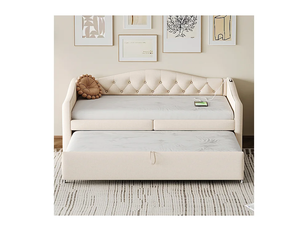 Gestoffeerd bed, uitschuifbare slaapbank 90*200 cm, met USB aansluiting, klassieke vorm met knopen, linnen, Beige