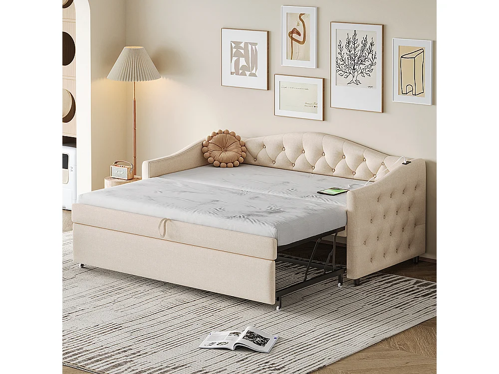 Lit rembourré, canapé-lit extensible 90*200 cm, avec port USB, forme classique avec boutons, lin, Beige