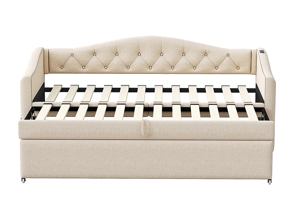 Lit rembourré, canapé-lit extensible 90*200 cm, avec port USB, forme classique avec boutons, lin, Beige