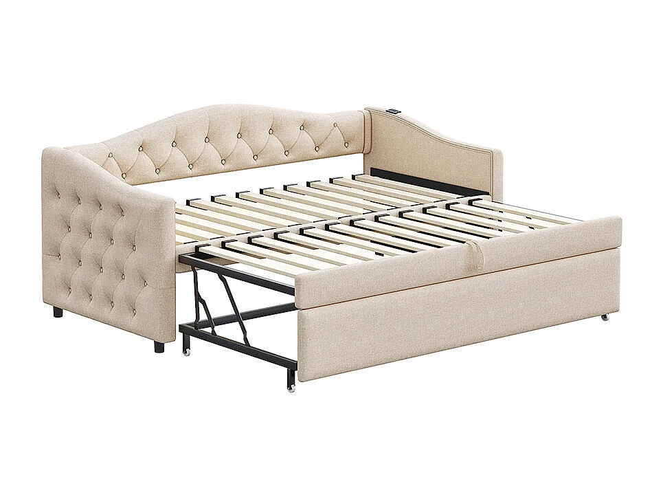 Lit rembourré, canapé-lit extensible 90*200 cm, avec port USB, forme classique avec boutons, lin, Beige