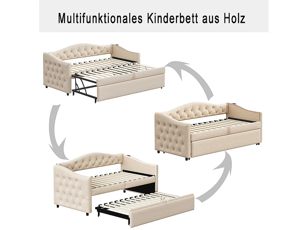 Lit rembourré, canapé-lit extensible 90*200 cm, avec port USB, forme classique avec boutons, lin, Beige