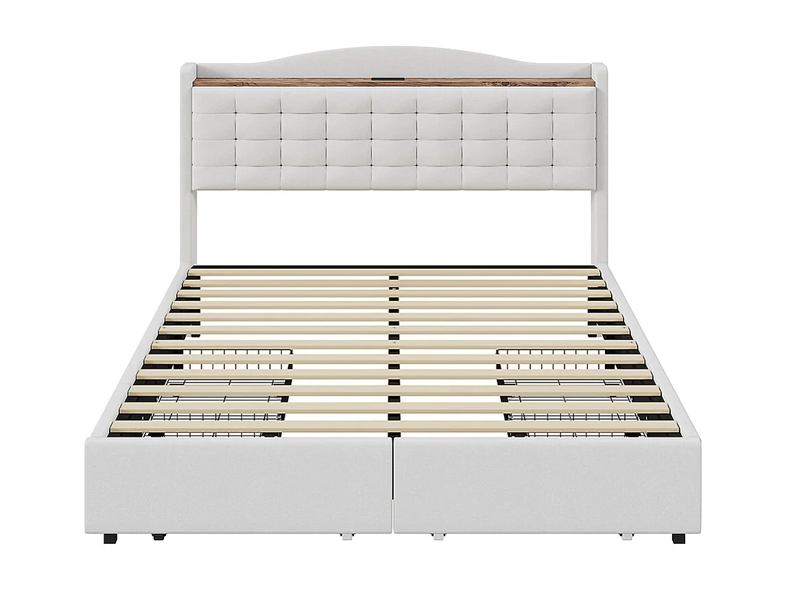 Gepolstertes Doppelbett 160*200 cm, Nachttisch mit USB-Ladeanschluss und Regal, 4 Schubladen, beige Bettwäsche