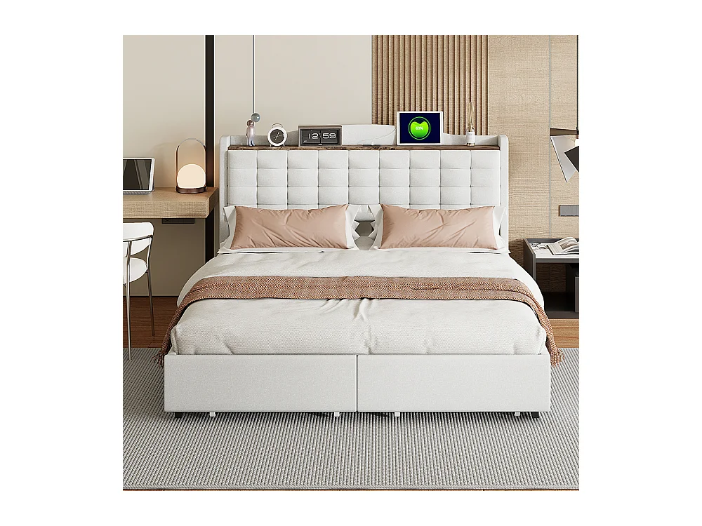 Lit double capitonné 160*200 cm, table de chevet avec port de charge USB et étagère, 4 tiroirs, linge beige