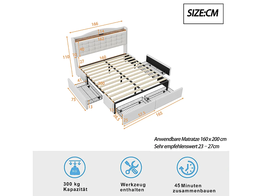 Lit double capitonné 160*200 cm, table de chevet avec port de charge USB et étagère, 4 tiroirs, linge beige