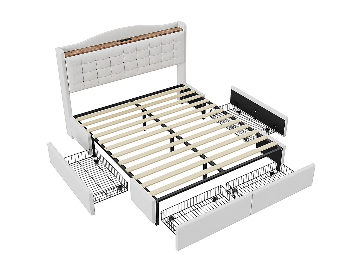 Lit double capitonné 160*200 cm, table de chevet avec port de charge USB et étagère, 4 tiroirs, linge beige