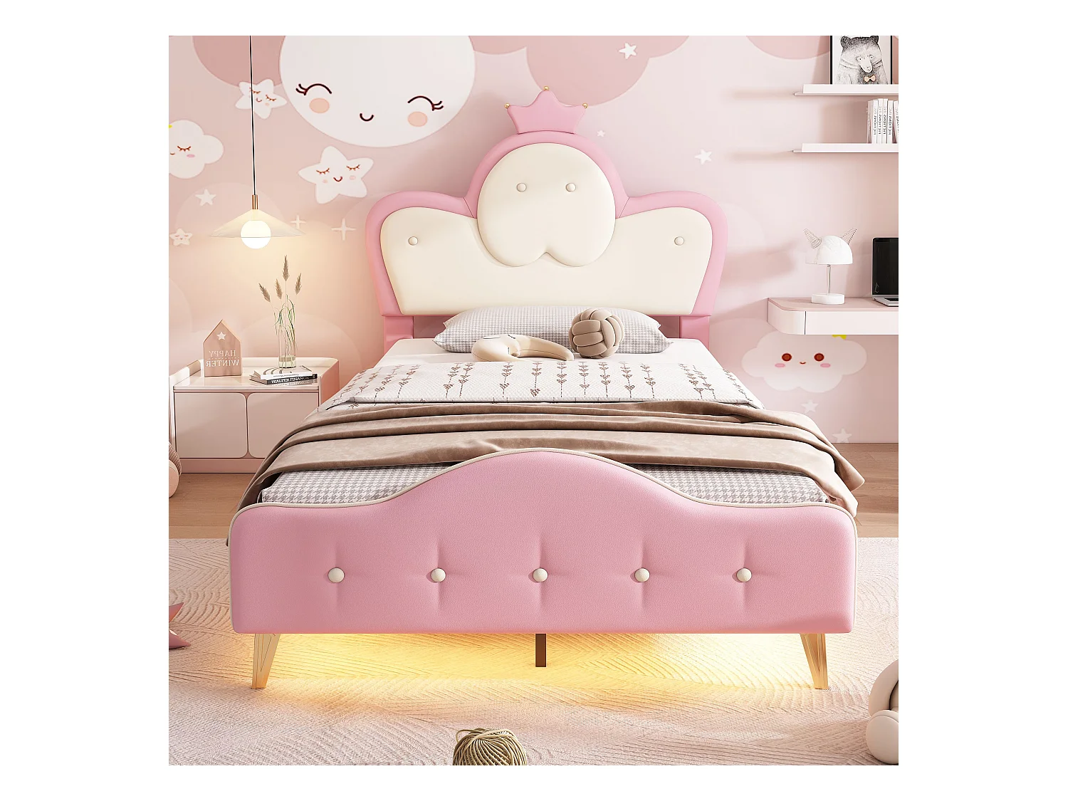 Lit enfant 90x200CM avec bande LED monochrome, tête de lit avec couronne, tête de lit ondulée, PU, rose + blanc