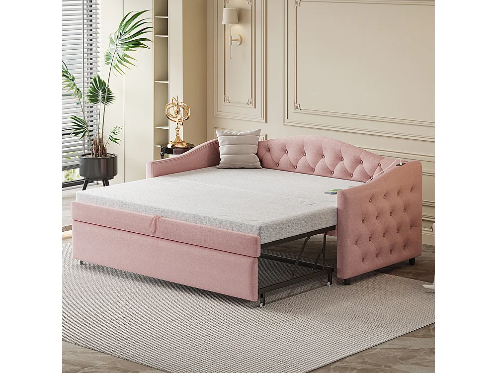 Lit rembourré, canapé-lit extensible 90*200 cm, avec port USB, forme classique avec boutons, lin,rose