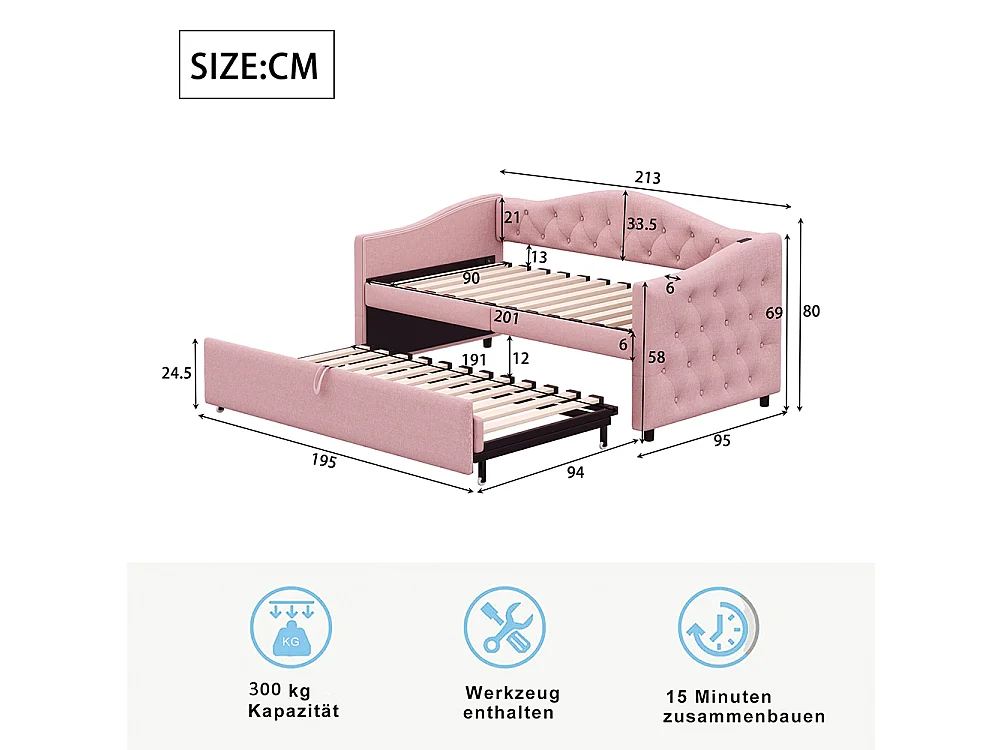Lit rembourré, canapé-lit extensible 90*200 cm, avec port USB, forme classique avec boutons, lin,rose