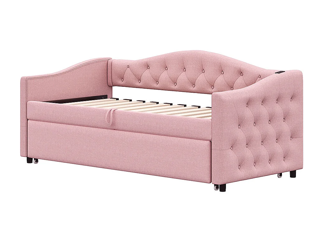 Lit rembourré, canapé-lit extensible 90*200 cm, avec port USB, forme classique avec boutons, lin,rose