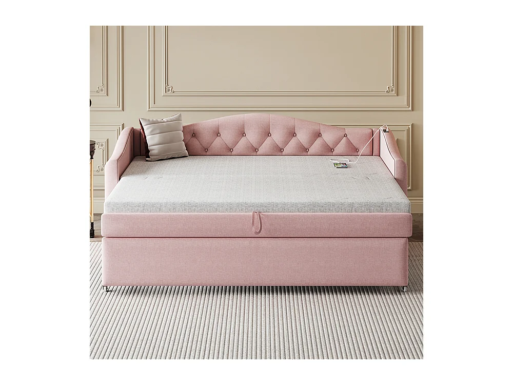 Gestoffeerd bed, uitschuifbare slaapbank 90*200 cm, met USB-poort, klassieke vorm met knopen, linnen, roze