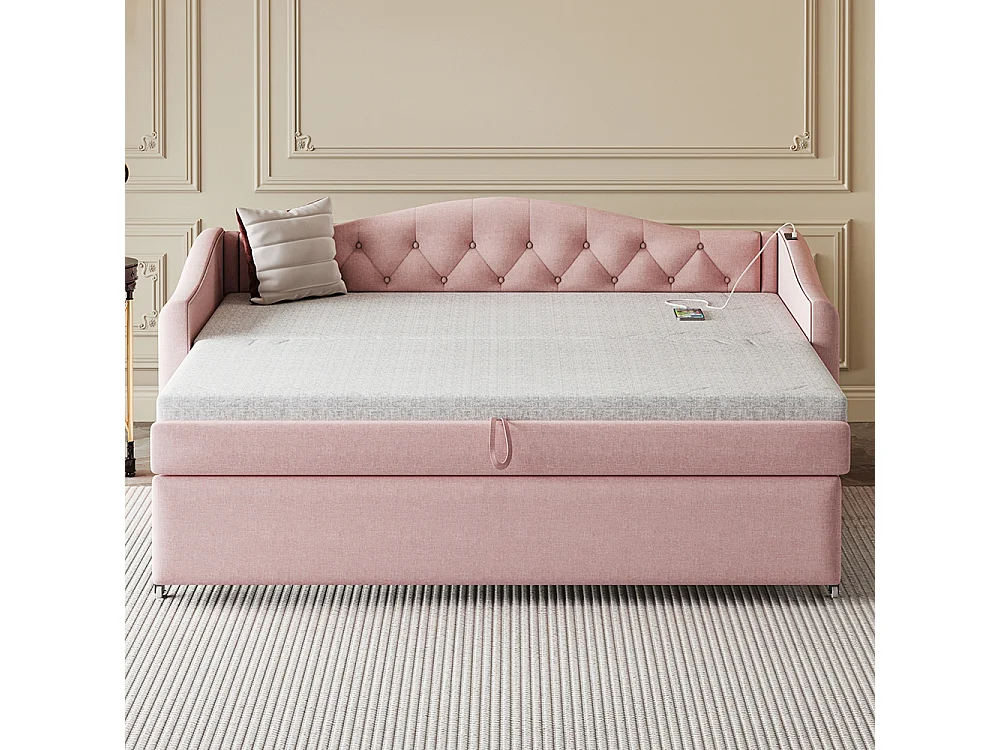 Lit rembourré, canapé-lit extensible 90*200 cm, avec port USB, forme classique avec boutons, lin,rose