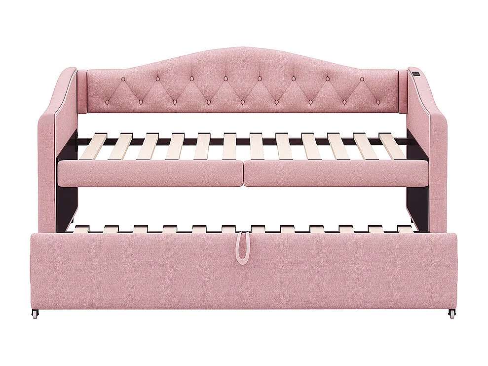 Lit rembourré, canapé-lit extensible 90*200 cm, avec port USB, forme classique avec boutons, lin,rose