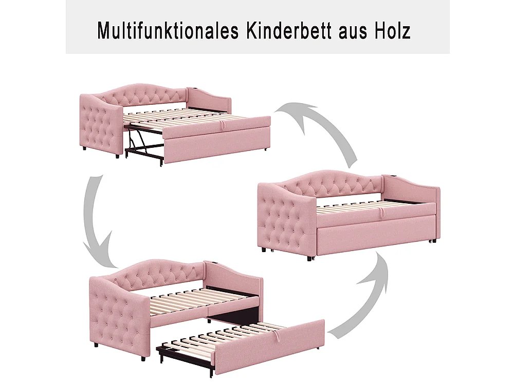 Lit rembourré, canapé-lit extensible 90*200 cm, avec port USB, forme classique avec boutons, lin,rose