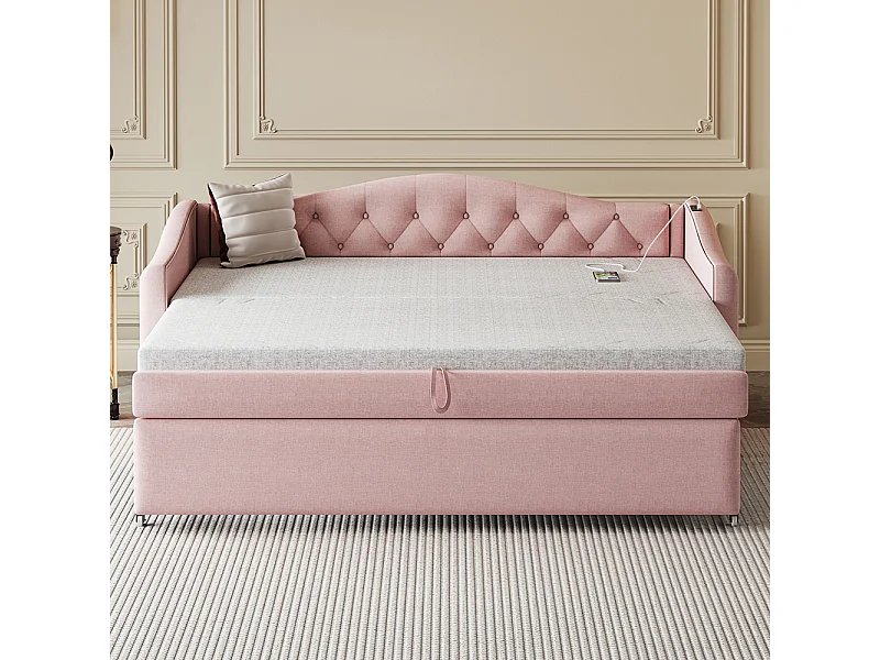 Lámpara de techo, canapé extensible 90*200 cm, con puerto USB, forma clásica con botones, lino, rosa