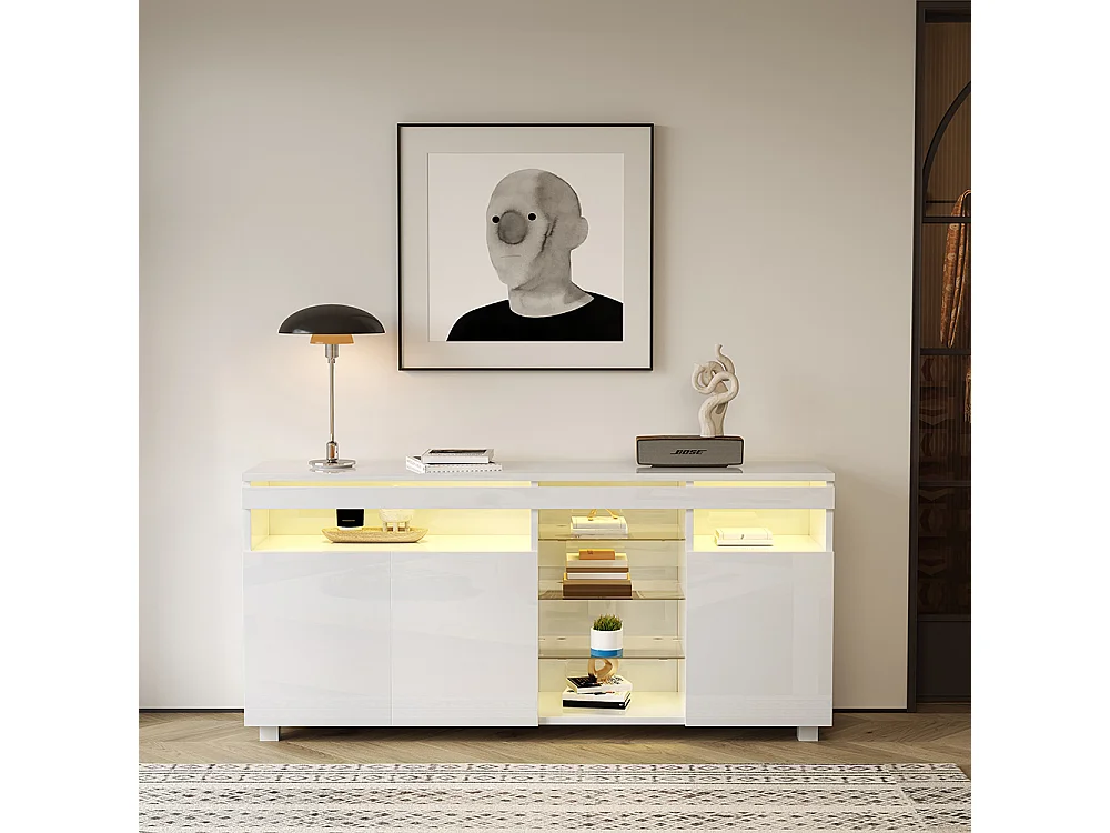 Opbergkast, dressoir, glanzend dressoir met glazen legplanken en stripverlichting, drie grote opbergdeuren