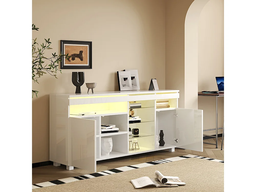Opbergkast, dressoir, glanzend dressoir met glazen legplanken en stripverlichting, drie grote opbergdeuren