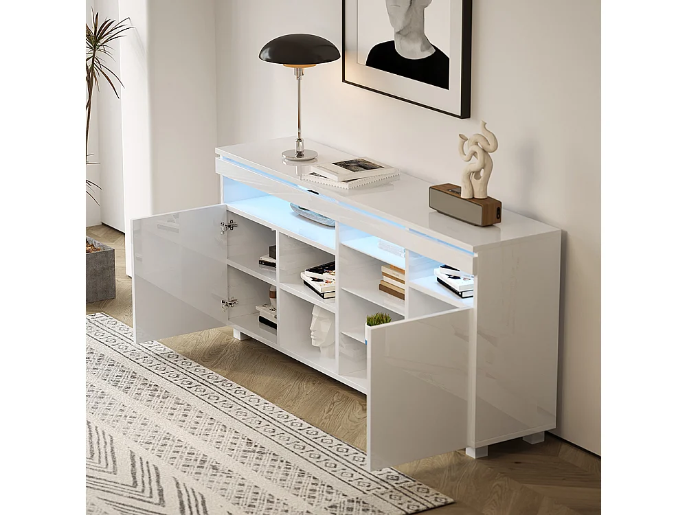 Opbergkast, dressoir, glanzend dressoir met glazen legplanken en stripverlichting, drie grote opbergdeuren