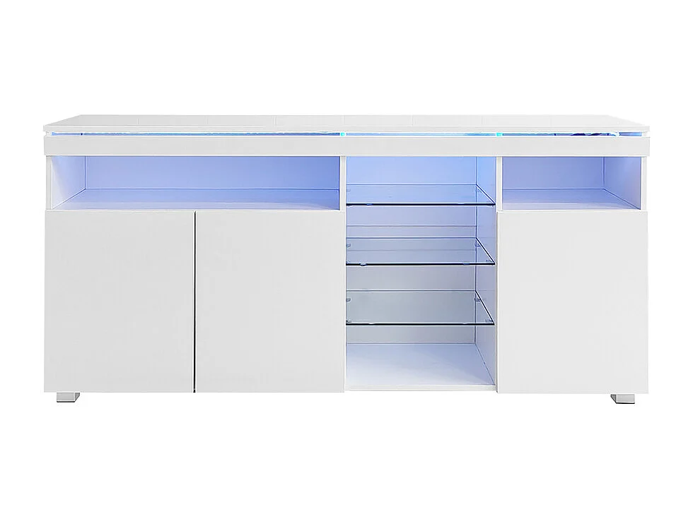 Opbergkast, dressoir, glanzend dressoir met glazen legplanken en stripverlichting, drie grote opbergdeuren