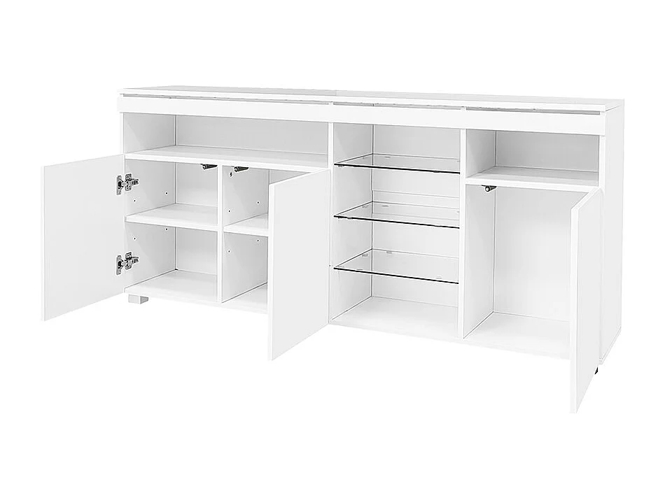Opbergkast, dressoir, glanzend dressoir met glazen legplanken en stripverlichting, drie grote opbergdeuren