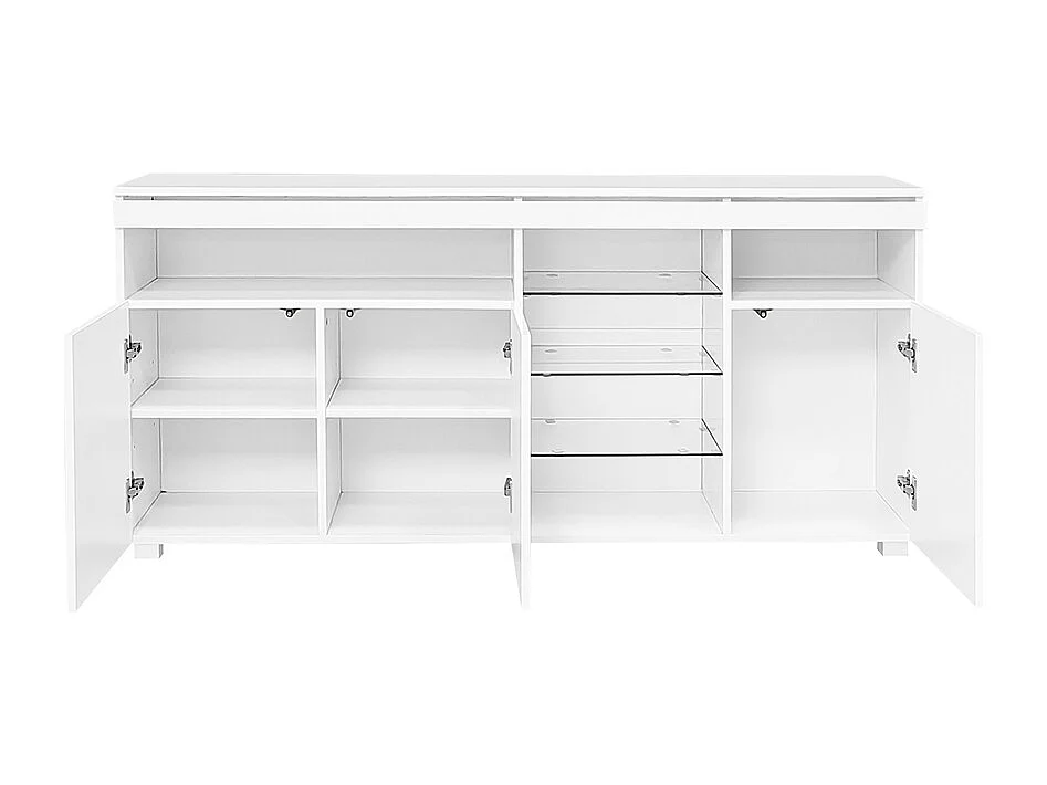 Opbergkast, dressoir, glanzend dressoir met glazen legplanken en stripverlichting, drie grote opbergdeuren