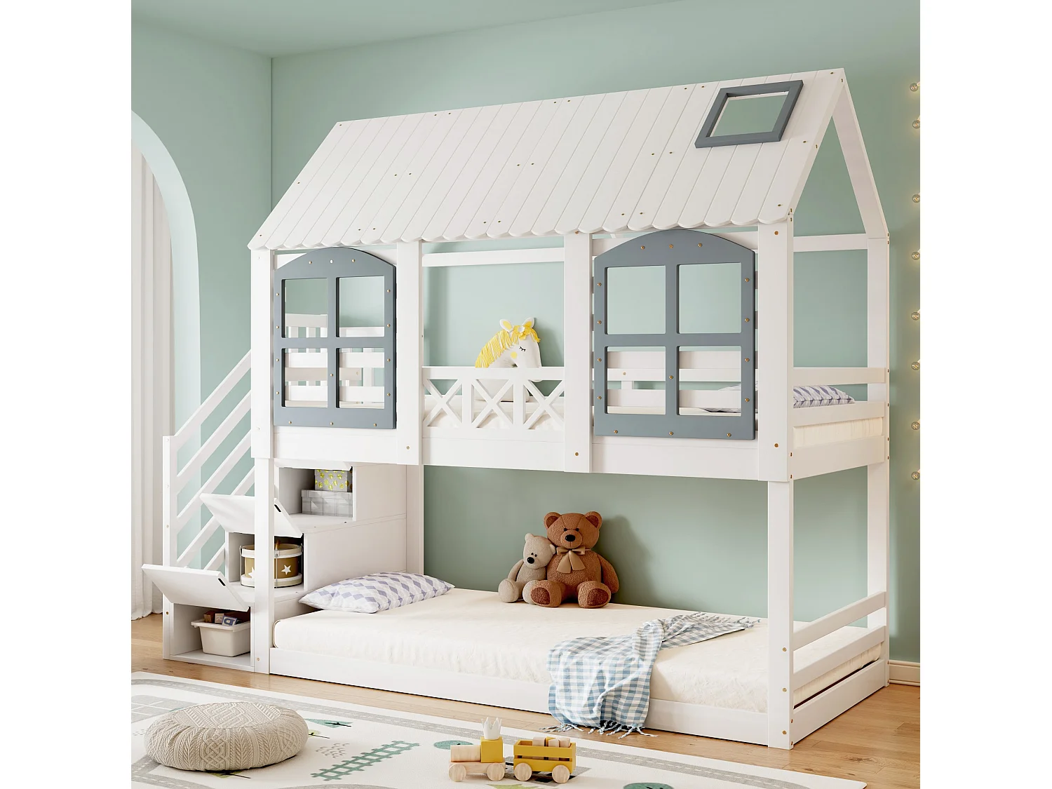 Beliche, cama para crianças com teto e janela, porta de segurança, pinho + MDF, branco + cinzento, 90x200 cm