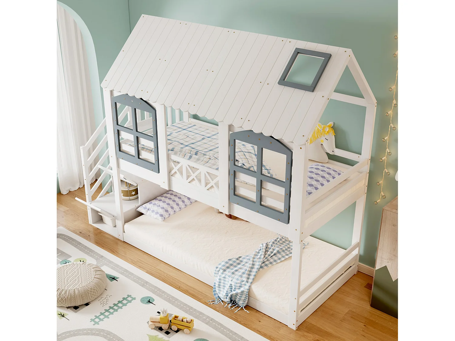 Beliche, cama para crianças com teto e janela, porta de segurança, pinho + MDF, branco + cinzento, 90x200 cm