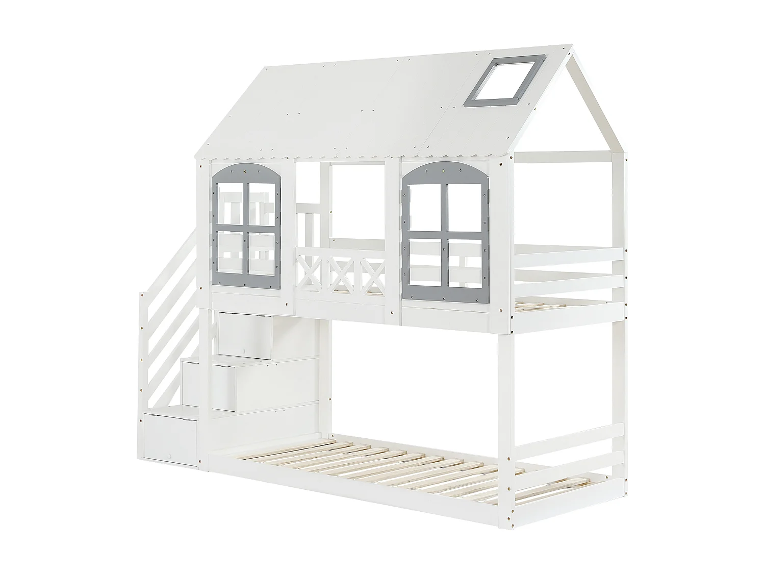 Beliche, cama para crianças com teto e janela, porta de segurança, pinho + MDF, branco + cinzento, 90x200 cm