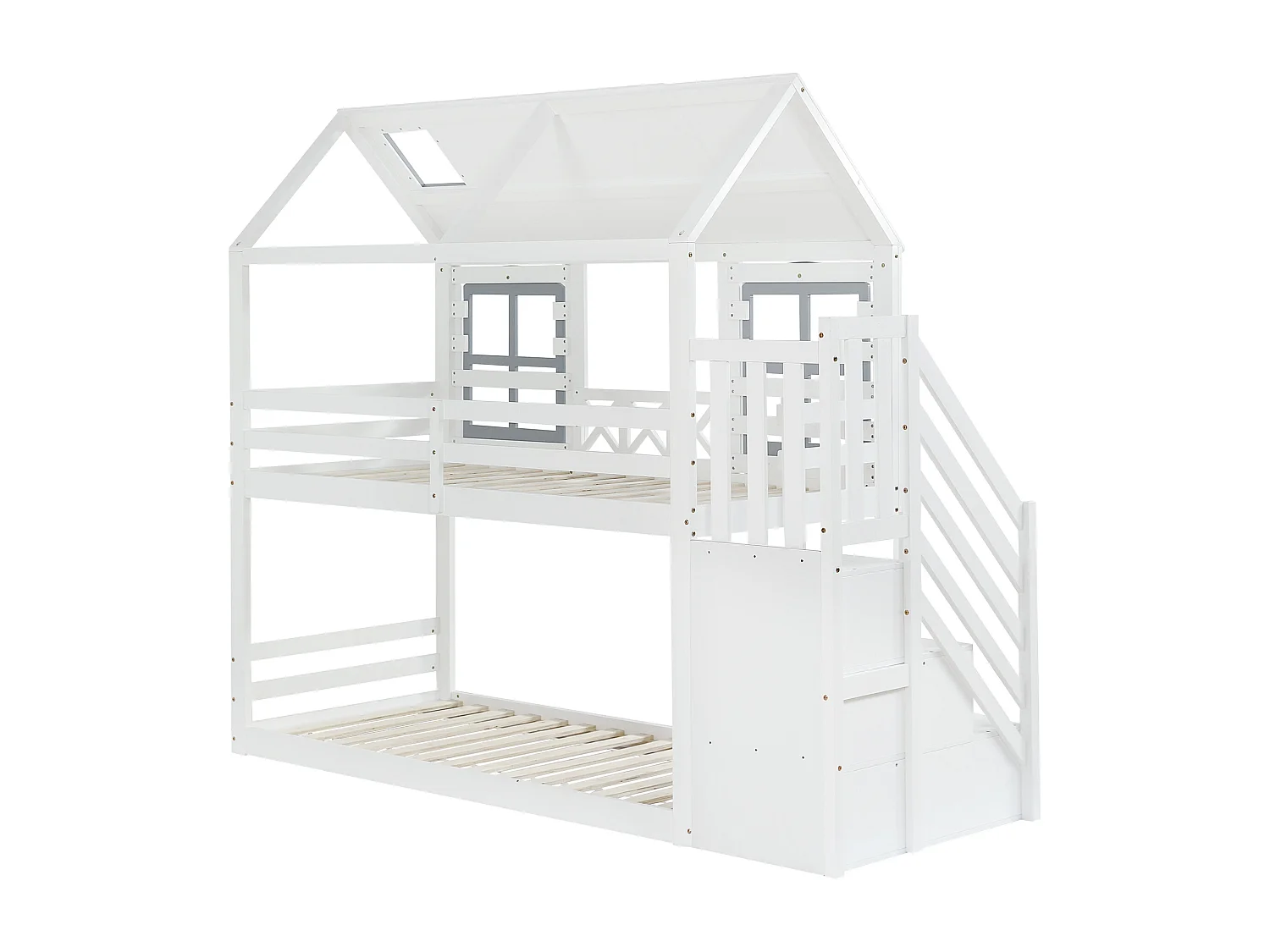 Beliche, cama para crianças com teto e janela, porta de segurança, pinho + MDF, branco + cinzento, 90x200 cm