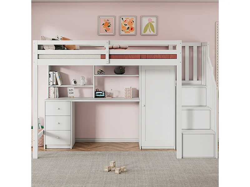 Com secretária e roupeiro, escada, beliche para crianças, com gavetas e roupeiro em escada, 90*200 cm, branco