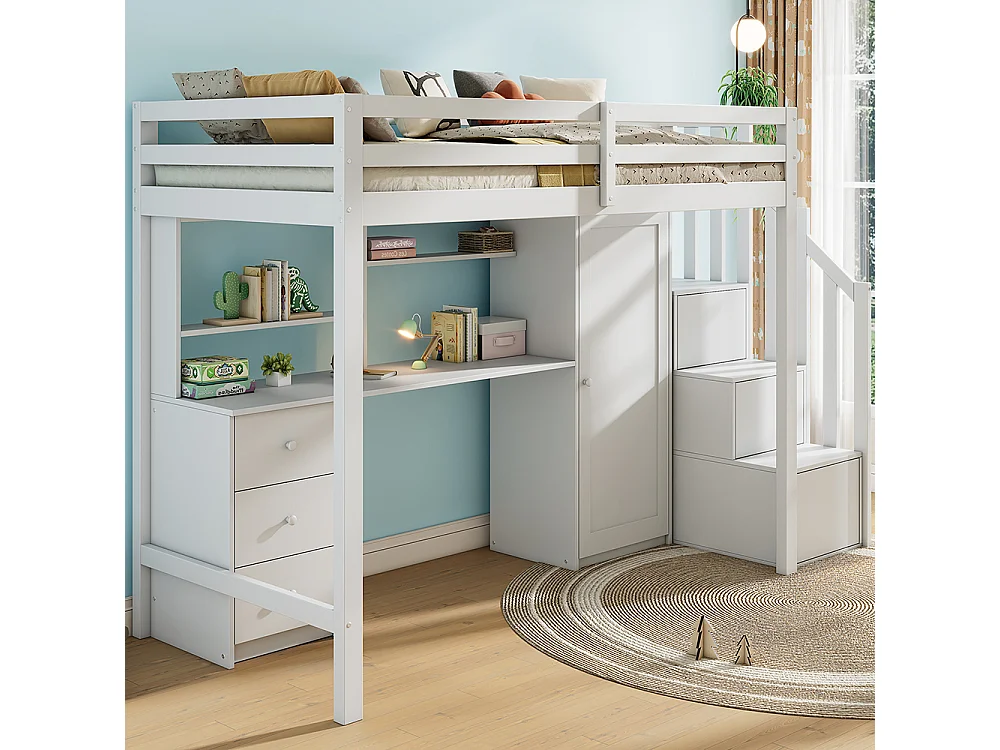 Avec bureau et armoire, escalier, lit superposé pour enfants, avec tiroirs et armoire d'escalier, 90*200 cm, blanc