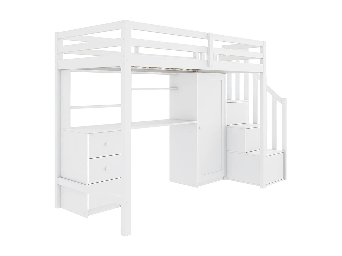 Avec bureau et armoire, escalier, lit superposé pour enfants, avec tiroirs et armoire d'escalier, 90*200 cm, blanc