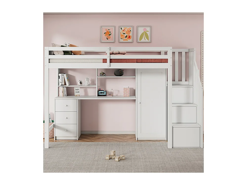 Avec bureau et armoire, escalier, lit superposé pour enfants, avec tiroirs et armoire d'escalier, 90*200 cm, blanc