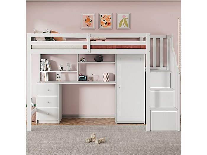 Dolamaní hoogslaper van hout, kinderbed 90 x 200 cm, multifunctioneel stapelbed voor 1 persoon met bureau en kast, opbergruimte trap en plank (zonder matras) (wit, 90x200 cm