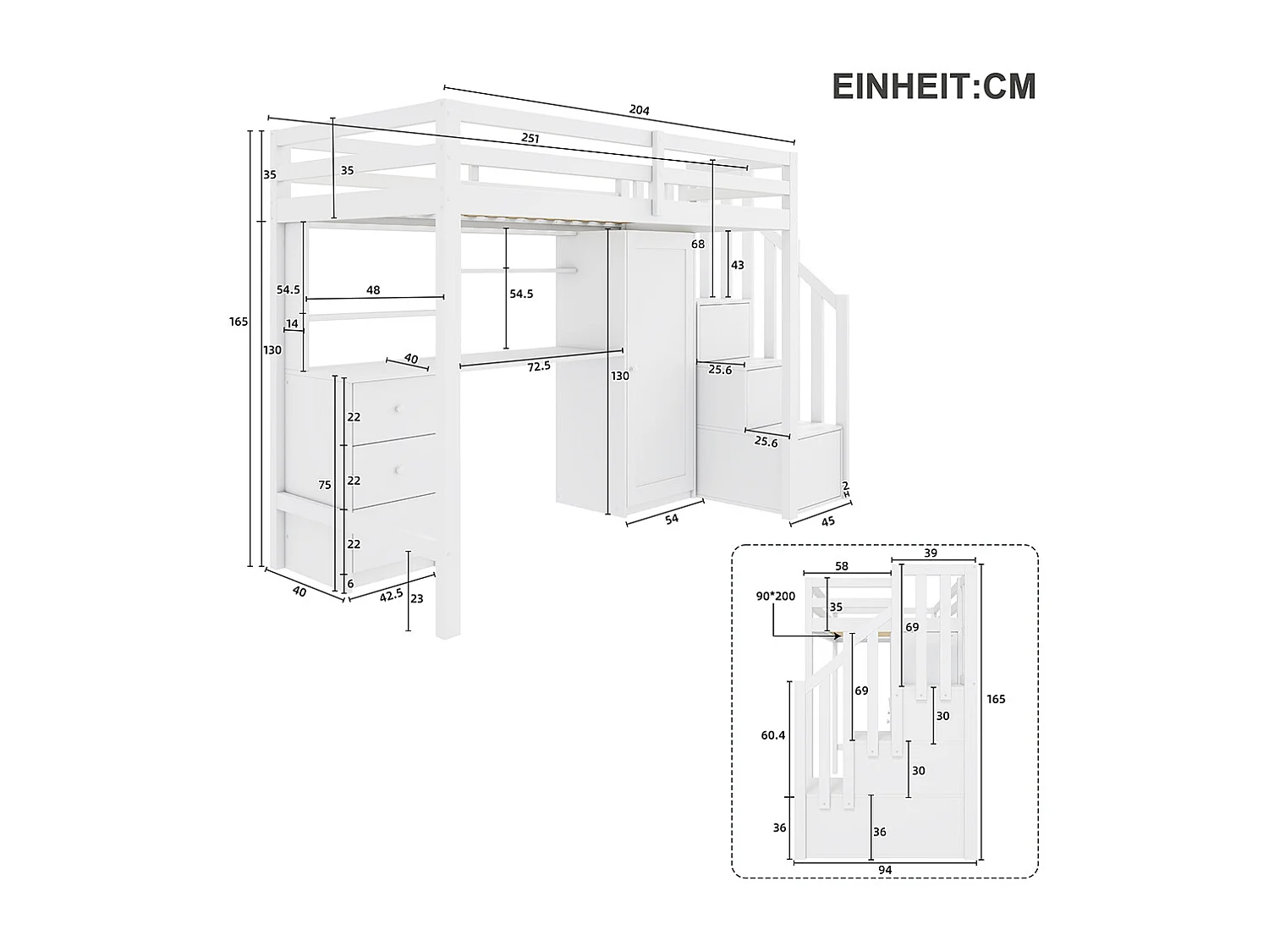 Avec bureau et armoire, escalier, lit superposé pour enfants, avec tiroirs et armoire d'escalier, 90*200 cm, blanc